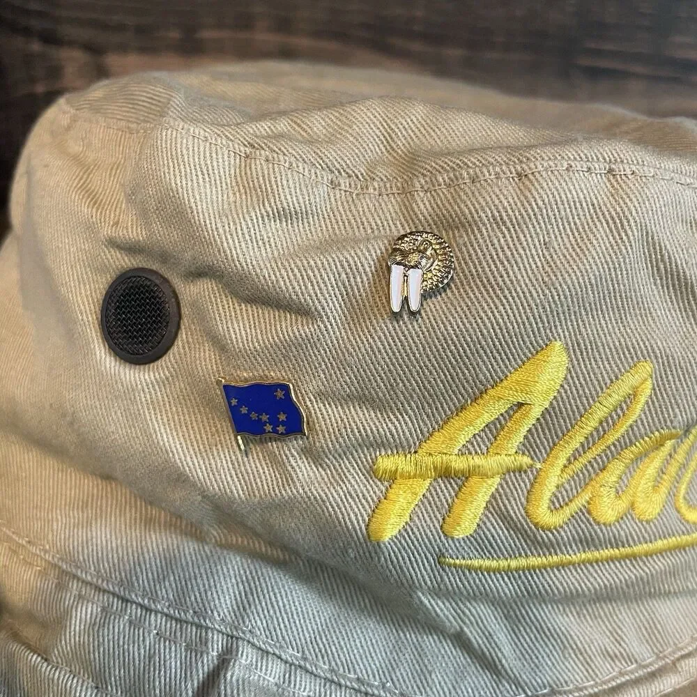 Vintage Northwest Coast Alaska Fishing Hat Orca Native Art, Flag, Walrus Pins
